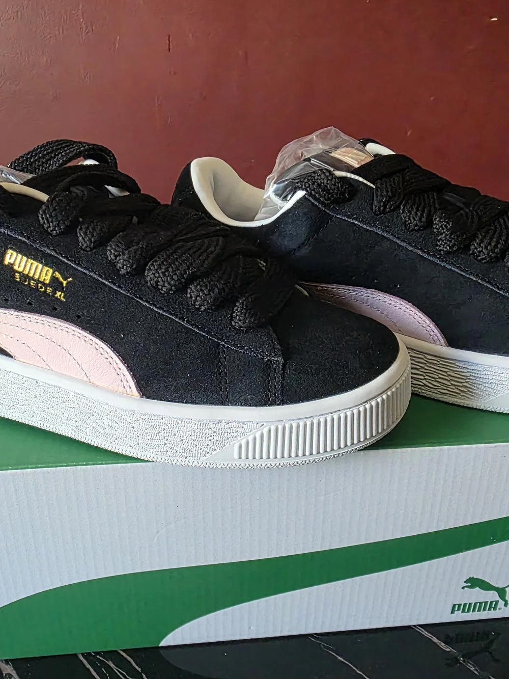 PUMA Black Suede Lace-Up Sneakers with Pink Accent